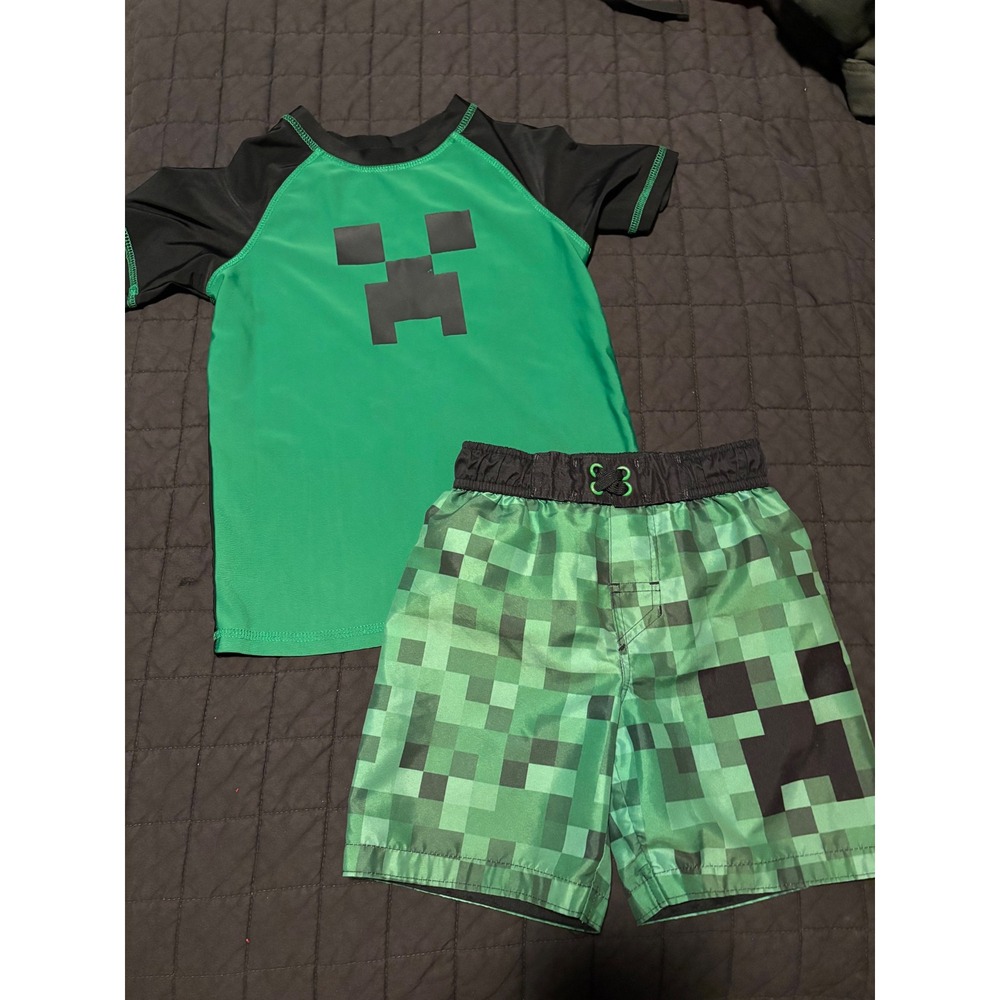 Minecraft Creeper Boys 2-Piece Swim Set Rash Guard and Trunks Green Black
